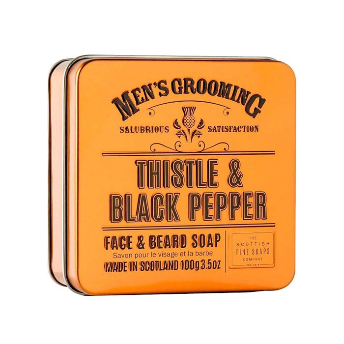 Scottish Fine Soaps Thistle & Black Pepper Face & Beard Soap in a Tin 100g