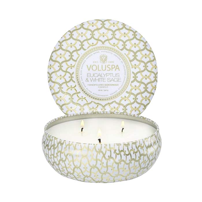 Voluspa 3-Wick Candle Decorative Tin Eucalyptus & White Sage 340g